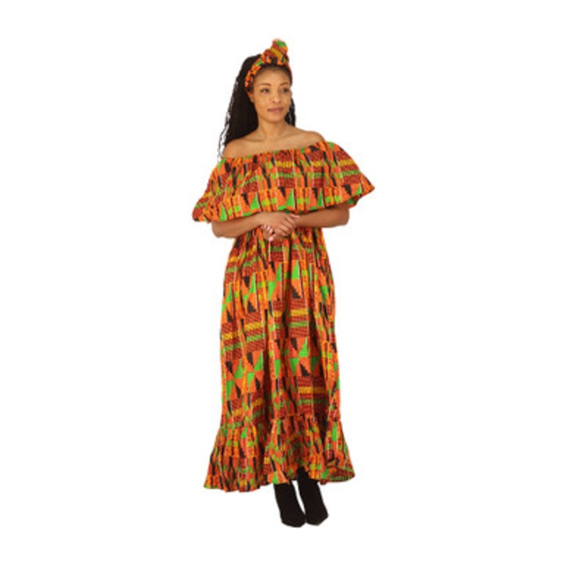 Ankara Print Front-frill Long Dress - ONE SIZE