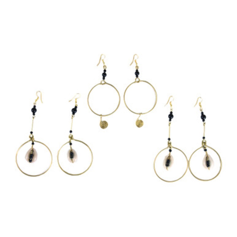 Set Of 3 Brass & Bead Drop Hoop Earrings