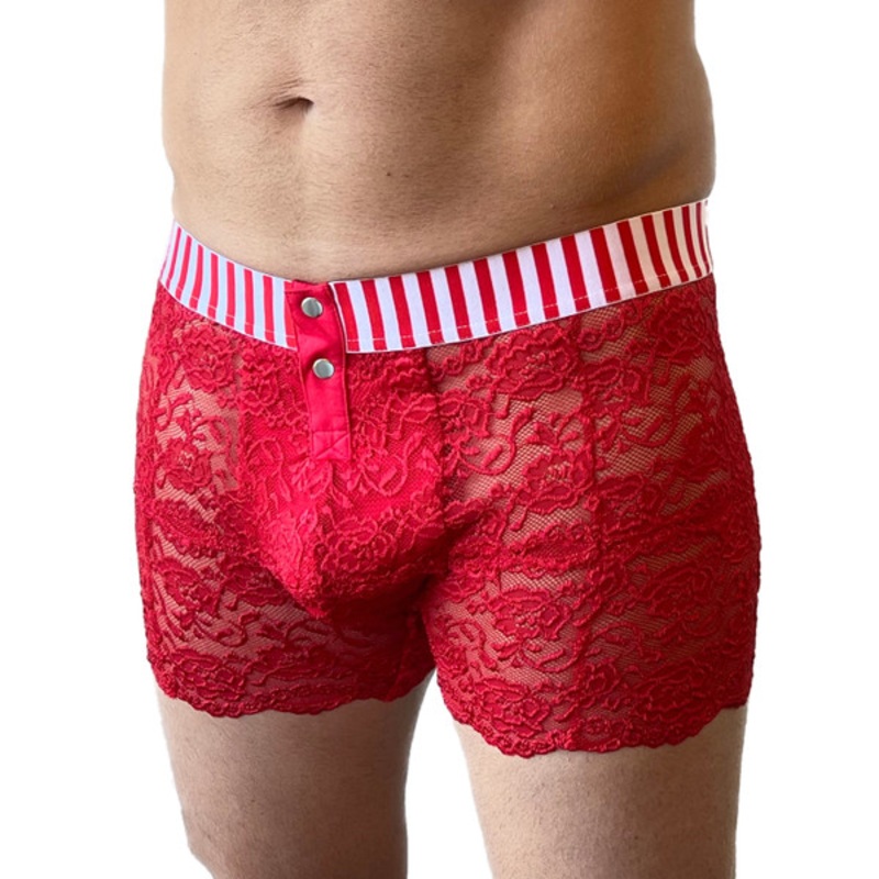 FOXERS Men's Red lace boxers with red white stripe band