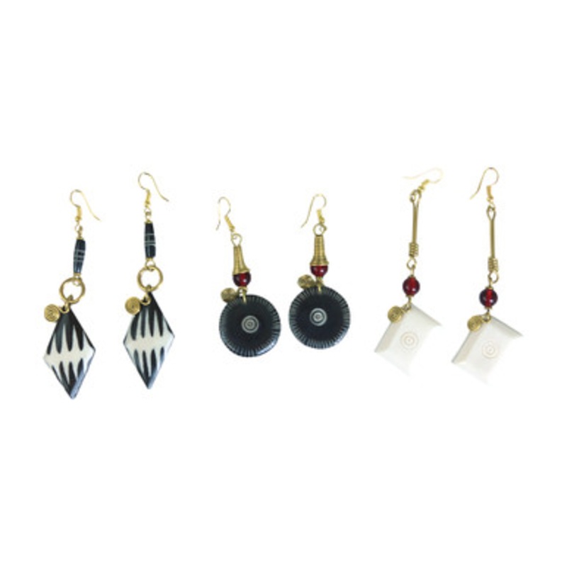 Set of 3 Bead/Bone & Brass Earrings