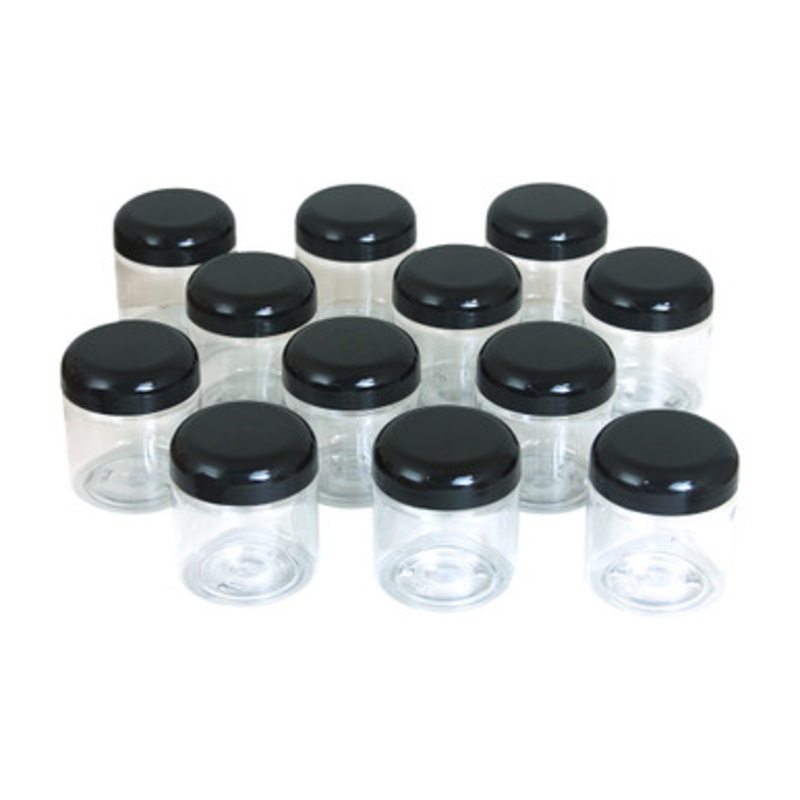 Set Of 12 Clear Plastic Jars & Black Lids - 4oz.