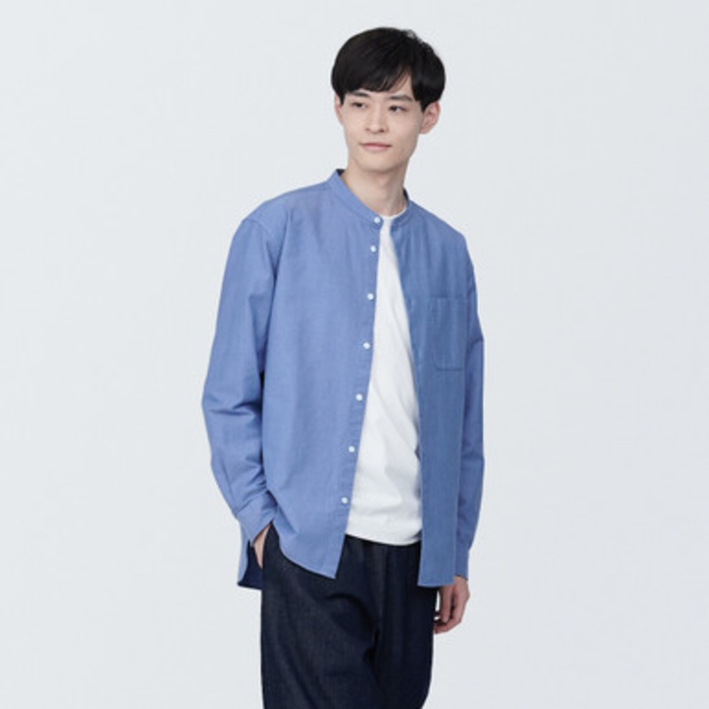 Men's Washed Oxford Stand Collar Long Sleeve Shirt 18924