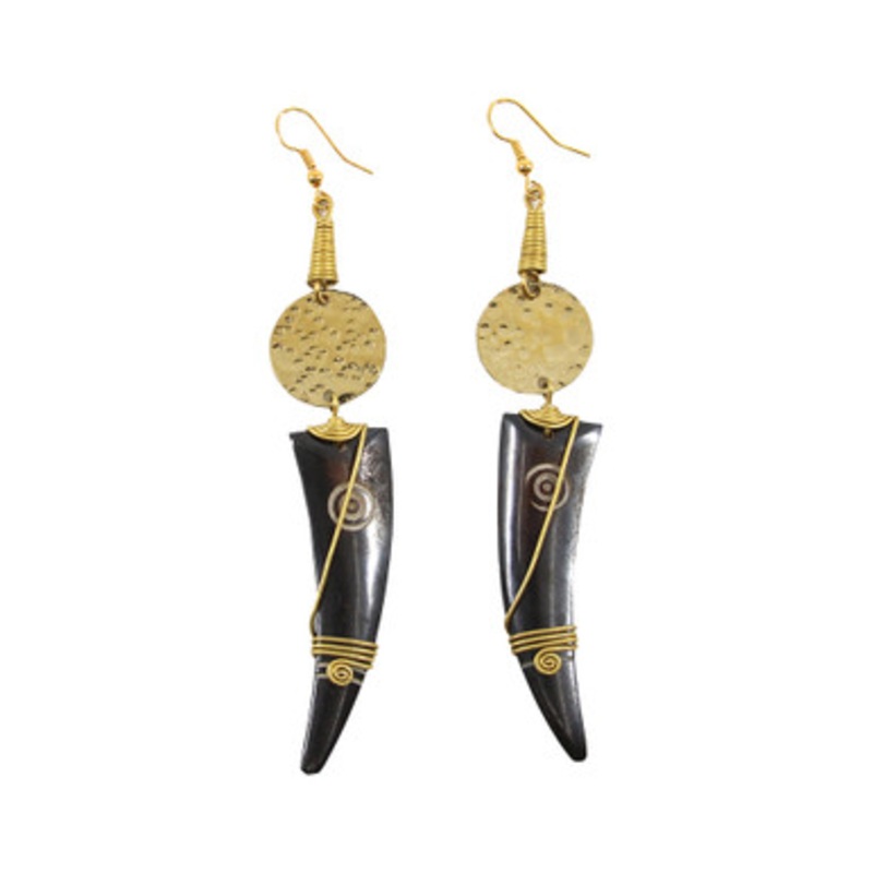 Kenyan Brass & Bone Artisan Earrings - Dark Brown