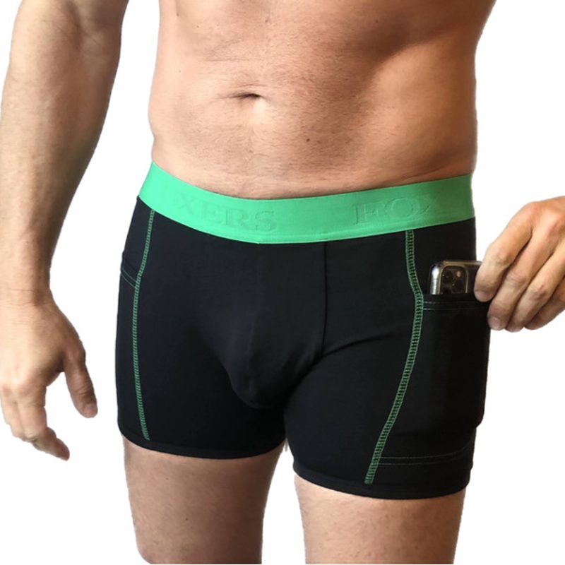 Men's Black Boxer Briefs with Kelly Green FOXERS logo band