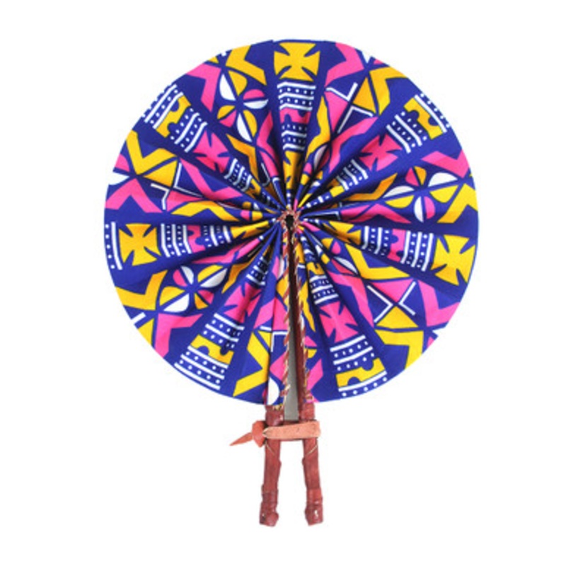 African Symbol Folding Fan - Blue/Pink