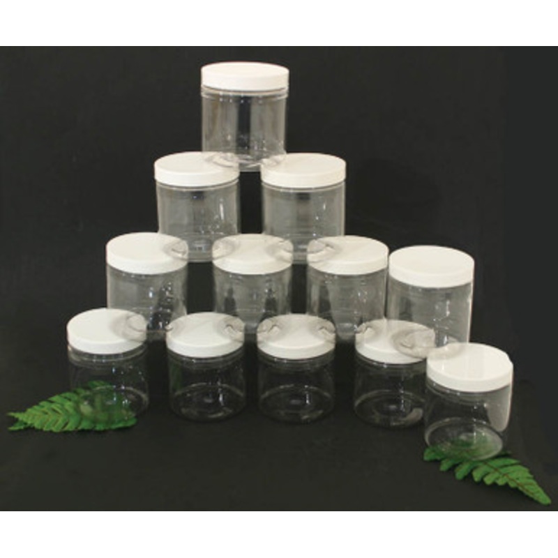 Set Of 12 Clear Plastic Jars/Caps - 8oz.