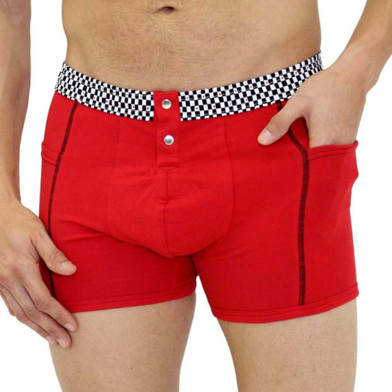 Men's Red Boxer Brief with Pockets & Checker Band