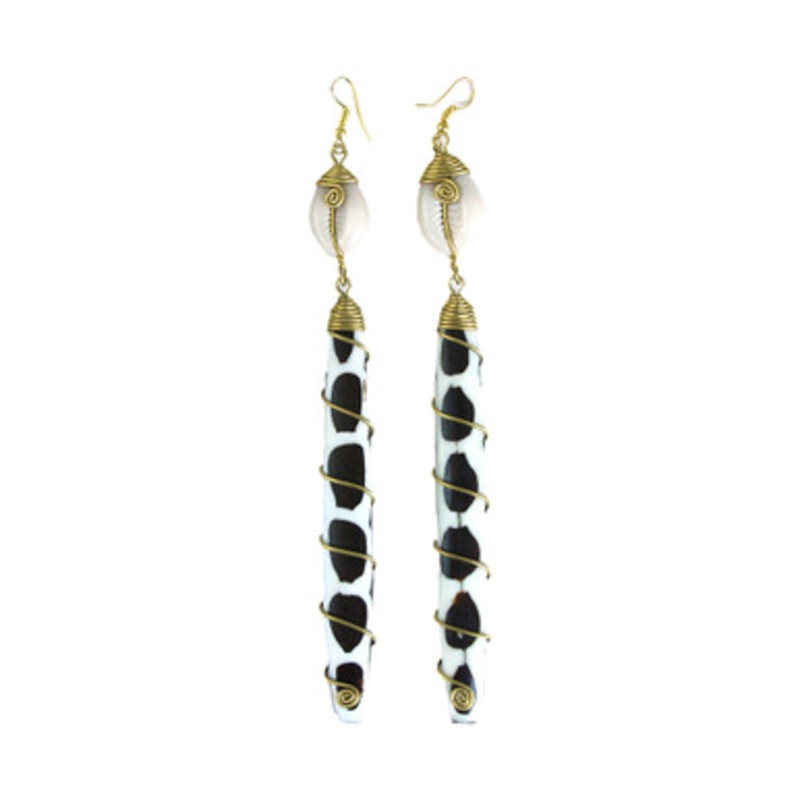 Black/White Long Bone & Brass Earring w/ Cowrie Shell