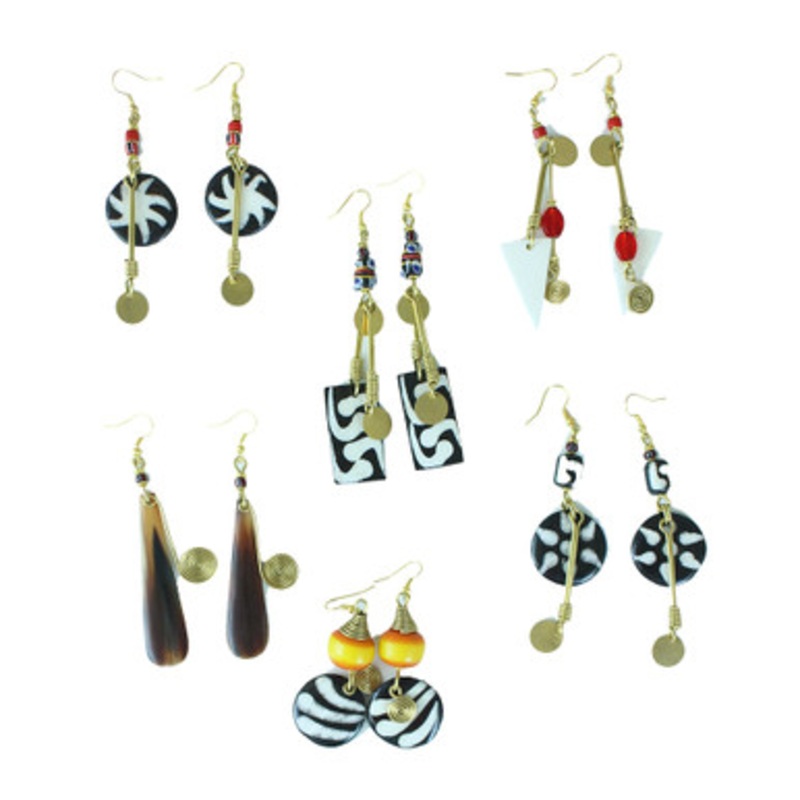 Set Of 6 Bone & Brass Earrings