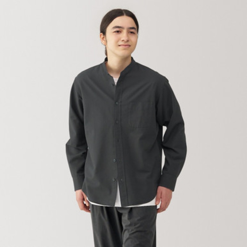 Men's Washed Oxford Stand Collar Long Sleeve Shirt.