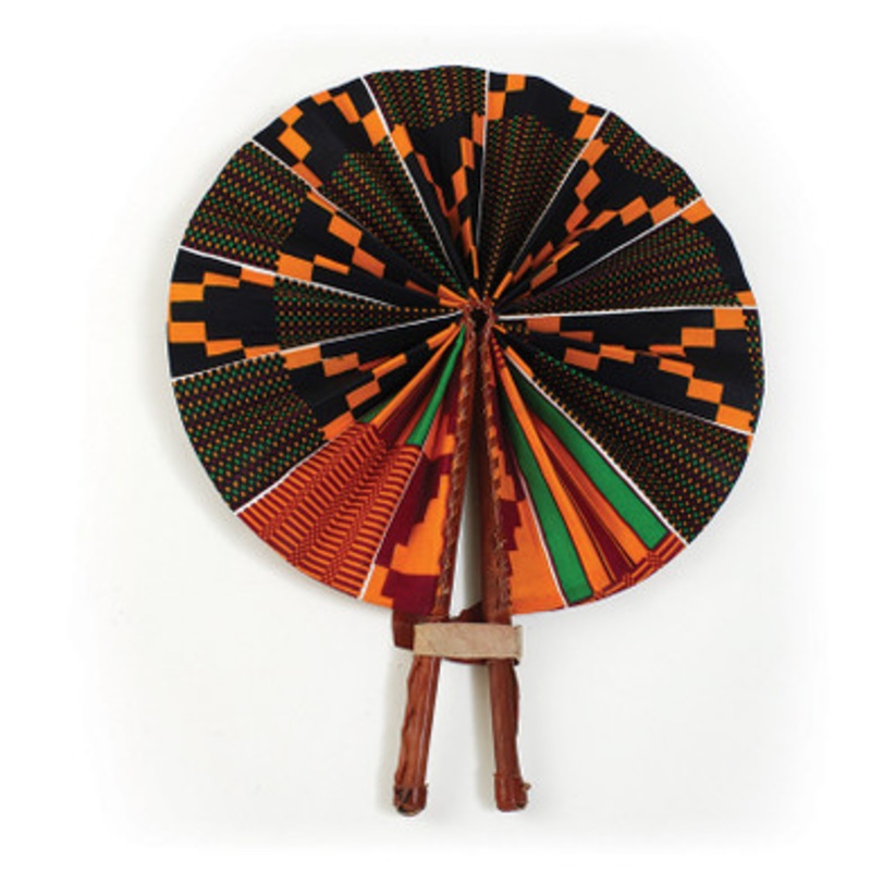 Black/Green Kente Leather Folding Fan