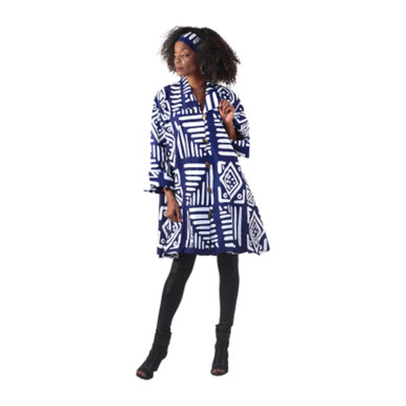 Blue/White Mud Print Long-sleeve Button Poncho