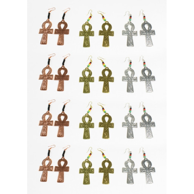 Set Of 12 Metallic Ankh Earrings