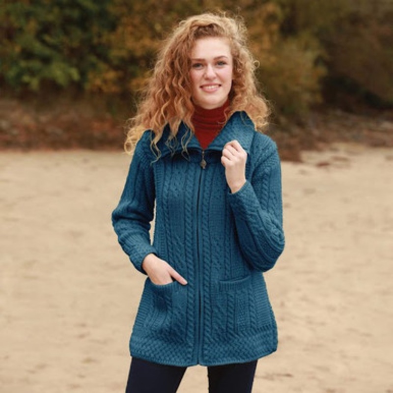 Women's Merino Wool Blue Irish Zipper Coatigan
