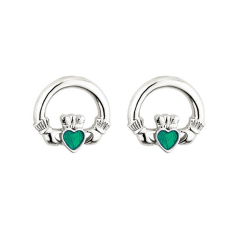 Rhodium Irish Claddagh Stud Earrings with Green Crystal Heart