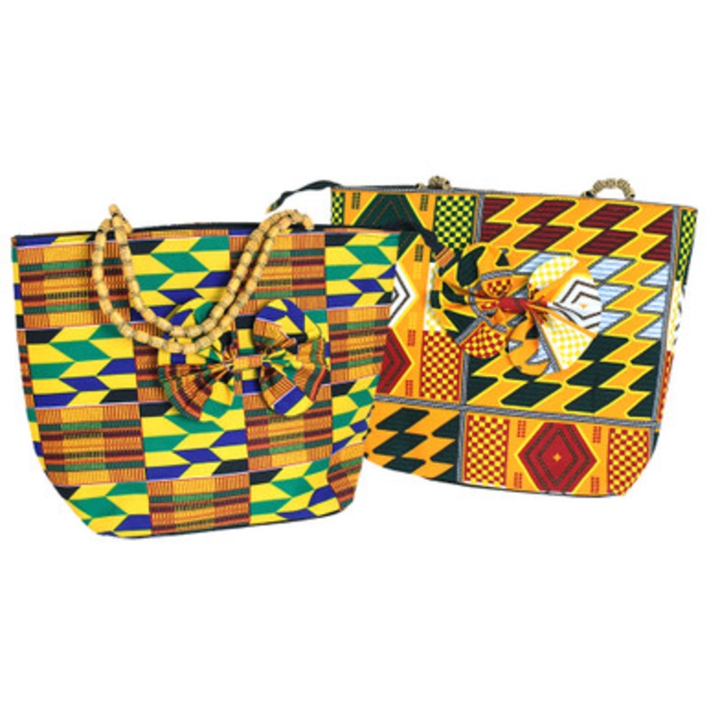 African Print Bow Handbag w/ Beaded Handle