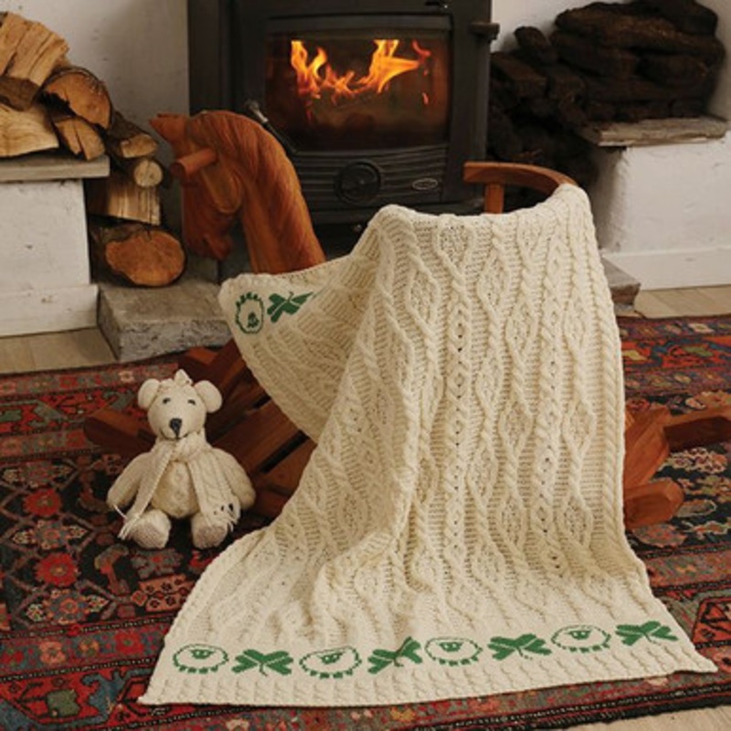 Irish Merino Wool Baby Blanket with Sheep and Shamrock Design