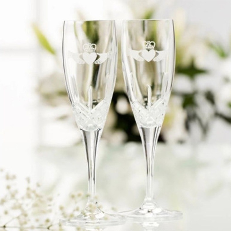 Embossed Crystal Claddagh Champagne Flutes Set