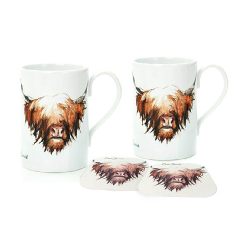 Highland Cow 2 Mugs and Coasters Set