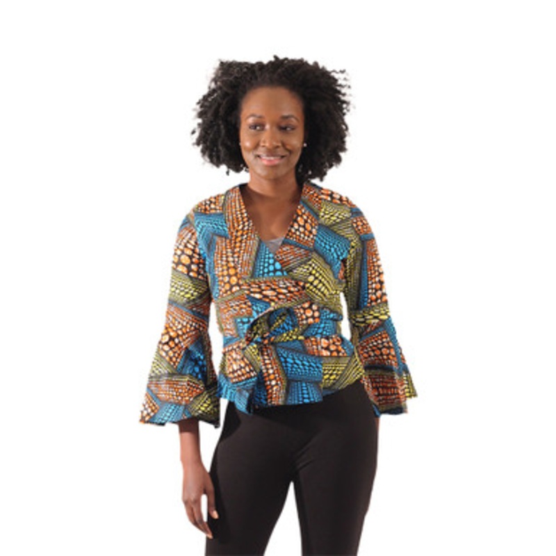 African Print Bell-Sleeve Wrap Top
