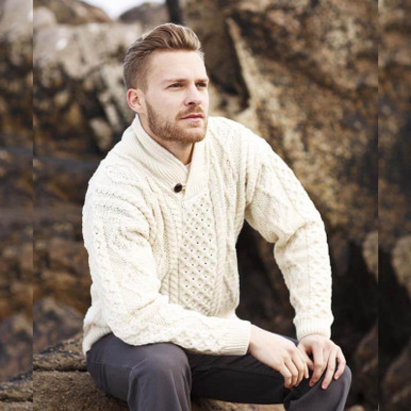 Men's One Button Shawl Wool Collar Cable Sweater