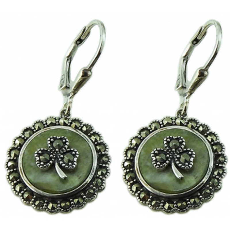 Connemara Marble and Marcasite Stones Shamrock Earrings
