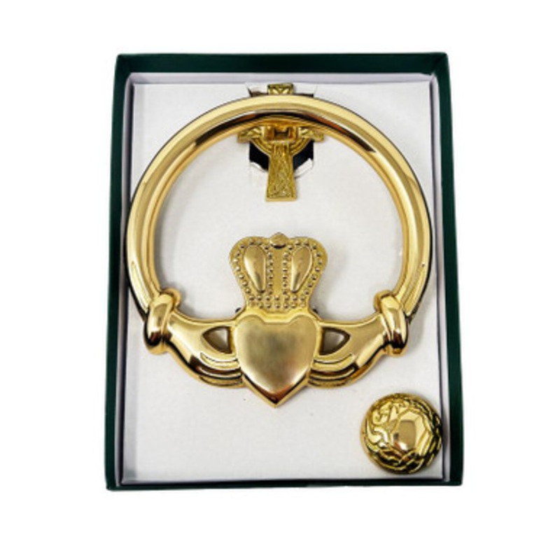 Medium Brass Claddagh Door Knocker Cross Back Gold Plate