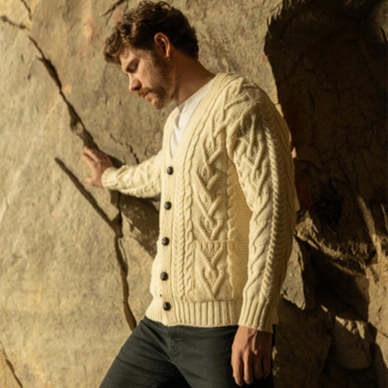 Men's Merino Wool Irish Cable Knit V-Neck Cardigan