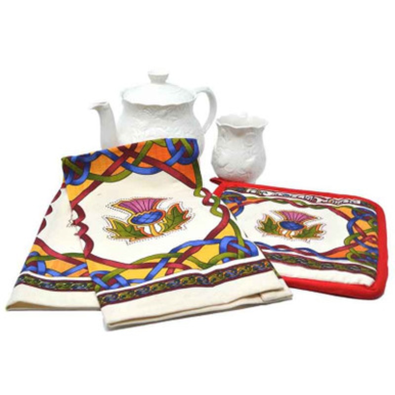 Scottish Weave Tea Towel & Pot Holder with Scotland Thistle Design