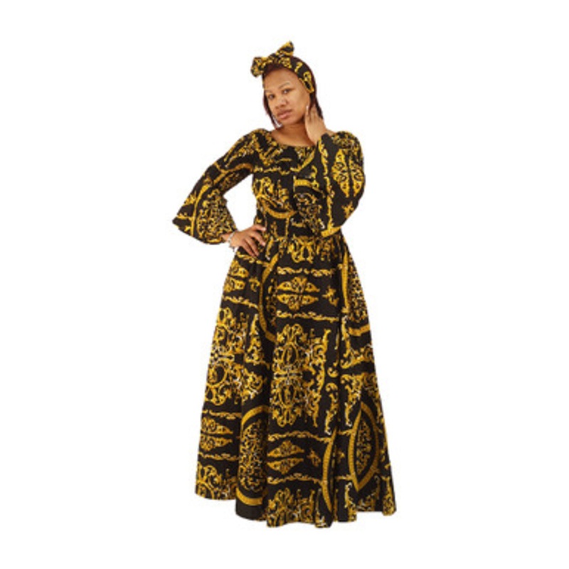 Ankara Print Long Frill-Sleeve Dress