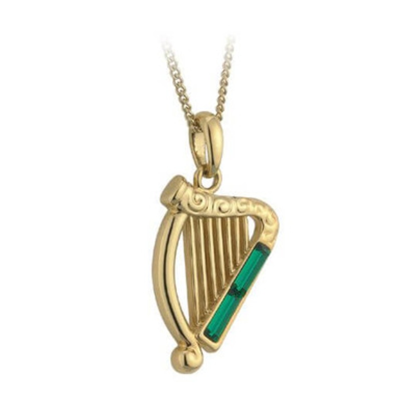 Gold Plated Harp & Emerald Stones Pendant on a Chain