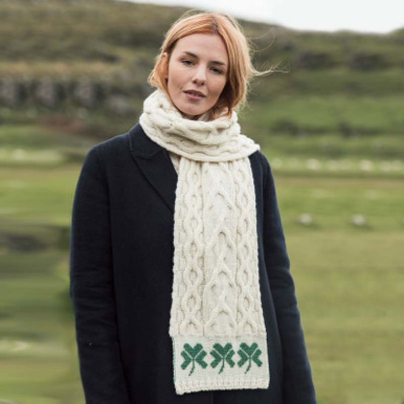 Irish Cable Knit Scarf with Shamrocks