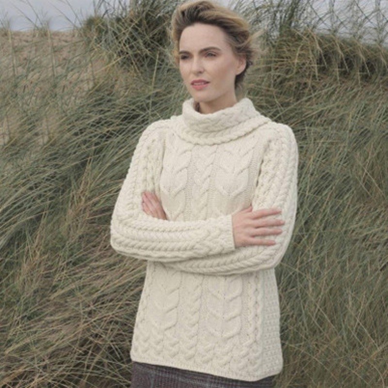 Merino Cowl Neck Knit Aran Sweater