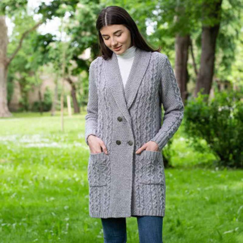 Ladies Double Breasted Shawl Collar Aran Coat