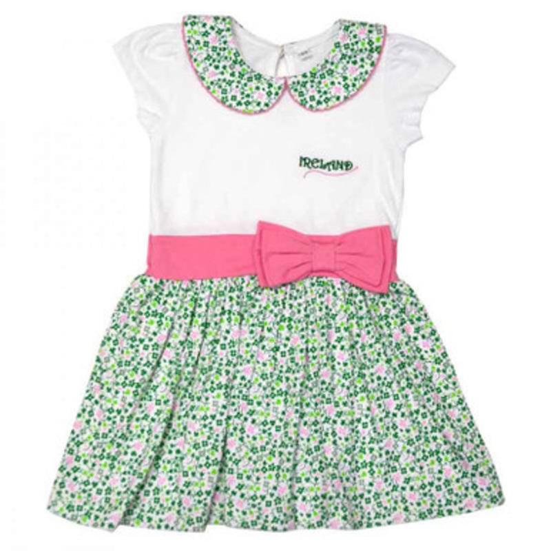 White Shamrock Pink Bow Kids Dress