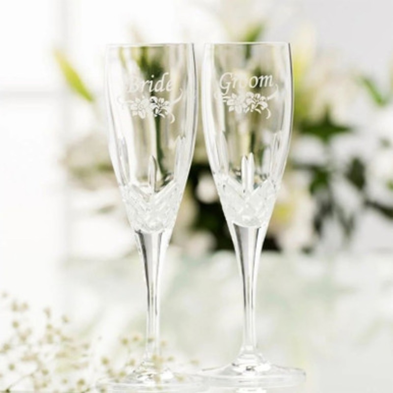 Etched Crystal Irish Wedding Champagne Flutes Set