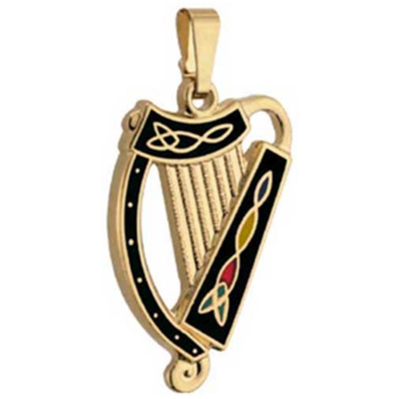 Gold Plated Irish Harp Pendant - Black