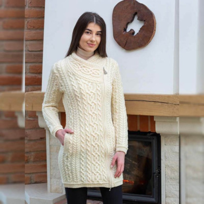 Ladies Merino Asymmetrical Zip Irish Cardigan