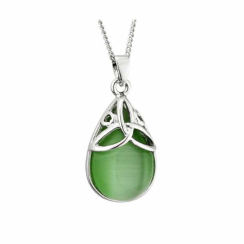 Rhodium Plated Oval Cat Eye Trinity Pendant