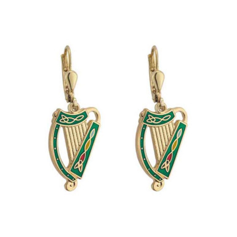Gold Plated Harp Earrings - Green