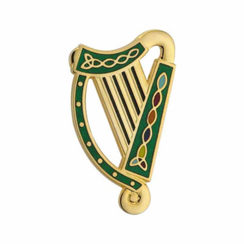 Golden Plated Green Harp Brooch