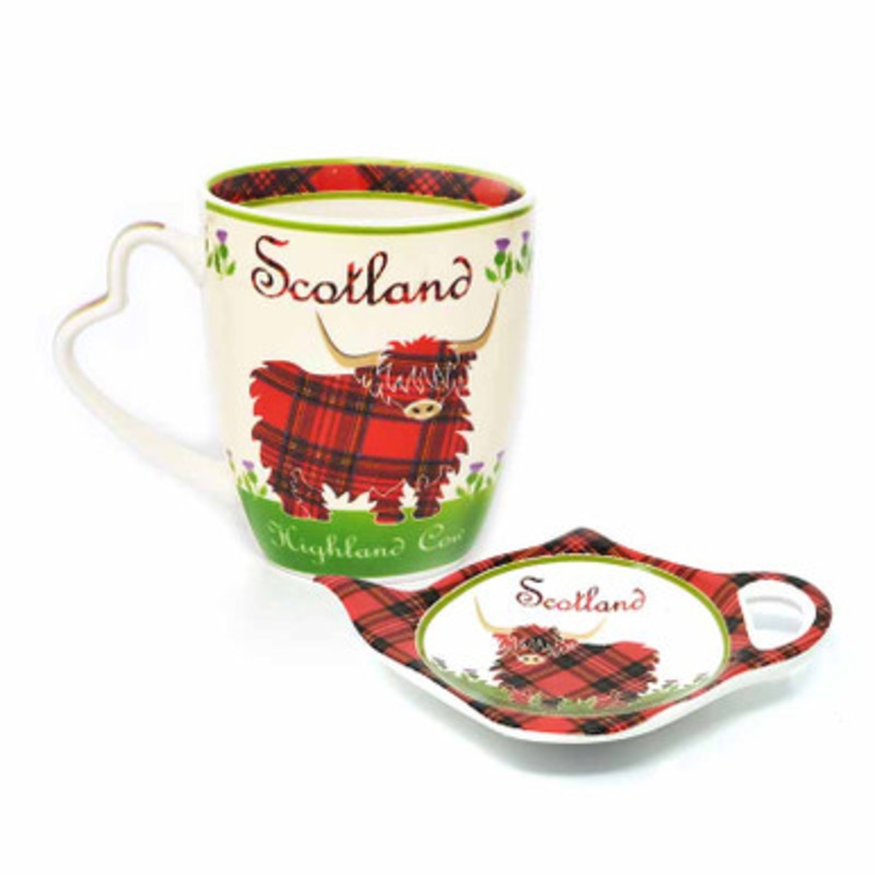 Tartan Cow Cup & Teabag Holder