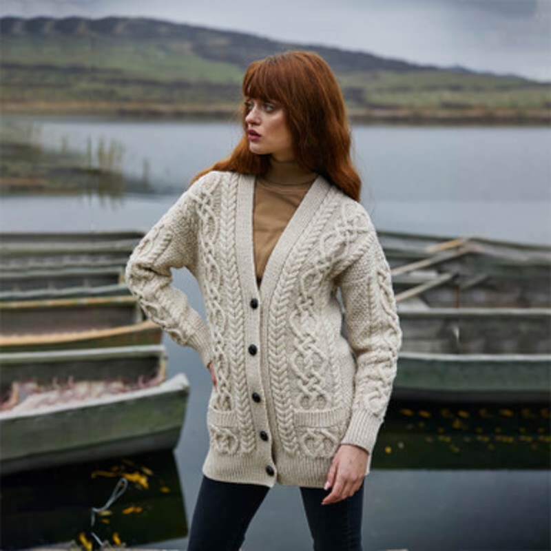 V Neck Cable Knit Boyfriend Cardigan