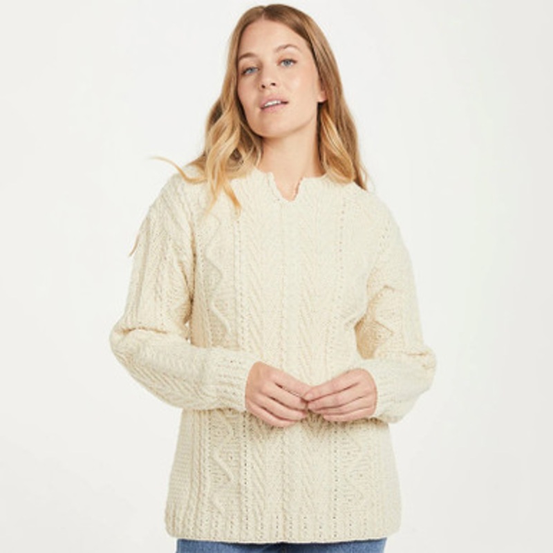 Relaxed Fit V Neck Ladies Aran Sweater