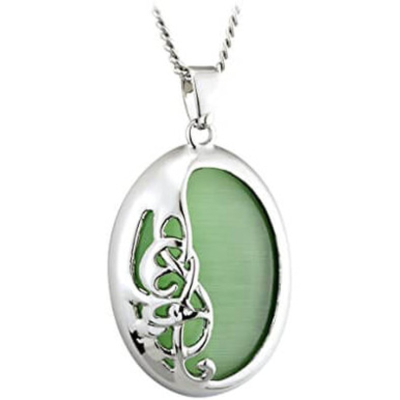 Rhodium Bok Green Cat Eye Pendant
