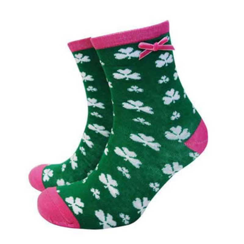 Ladies Pink and Green Shamrock Ankle Socks