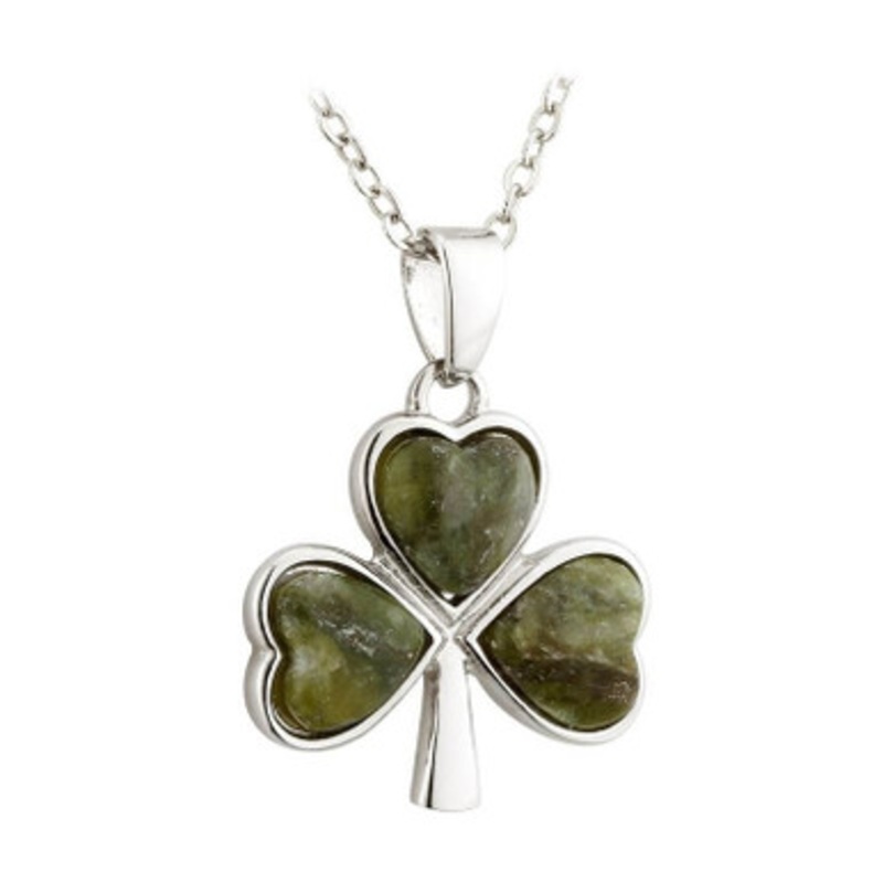 Rhodium Connemara Marble Shamrock Pendant
