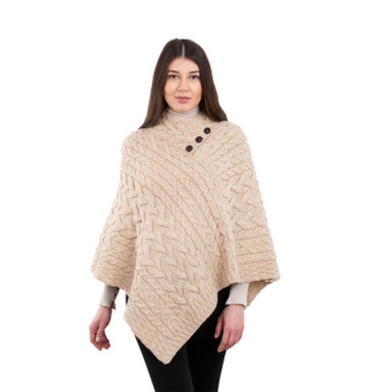 Traditional Buttoned Aran Cable Knit Poncho