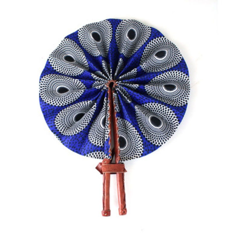 Blue & White Circle Print Folding Fan