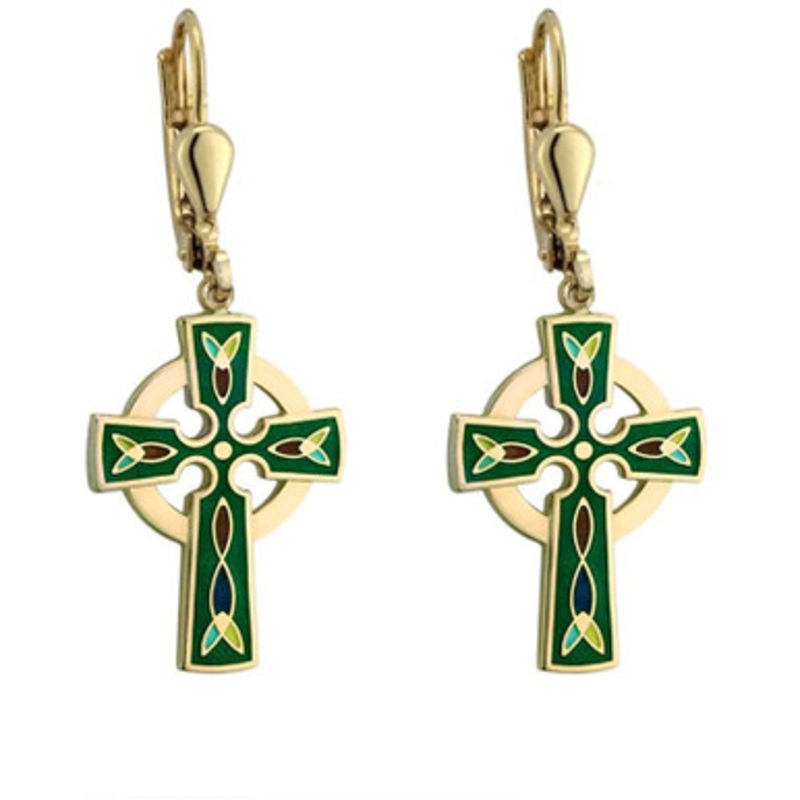 Gold Plated Circular Irish Claddagh Earrings  Green